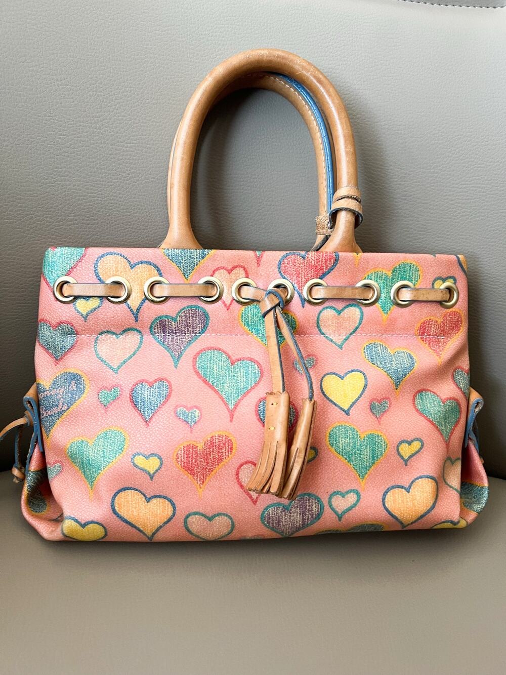 Pink Heart-Print Tote Bag with Tan Handles